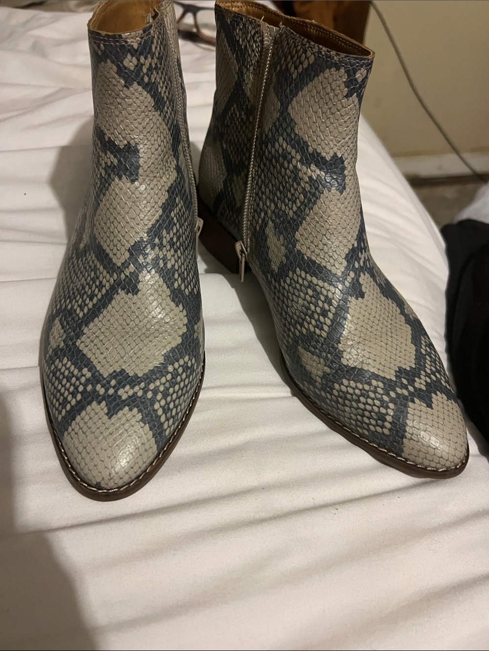 Lucky Brand Snake-Print Ankle Boots in Gray and Cream